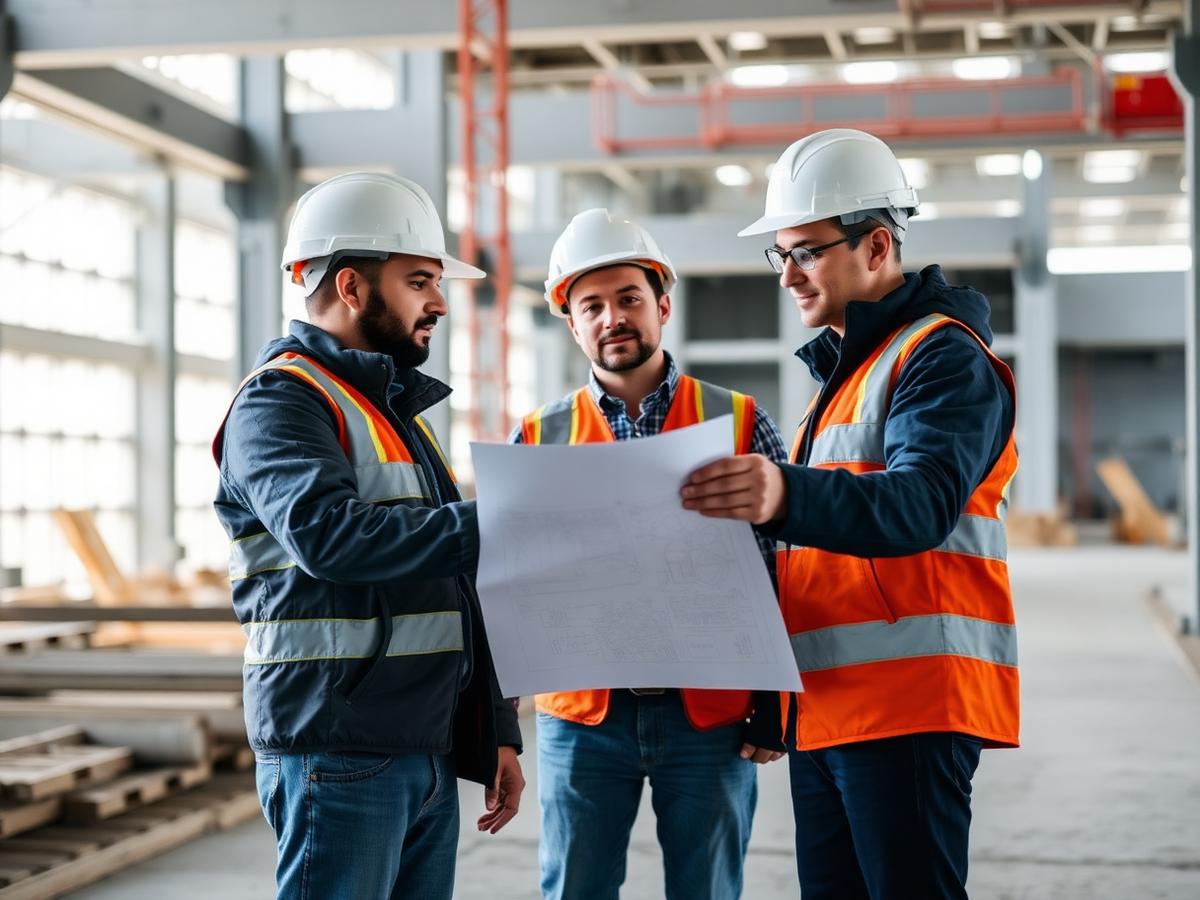 Equipe de engenheiros da VMS analisando projeto em obra